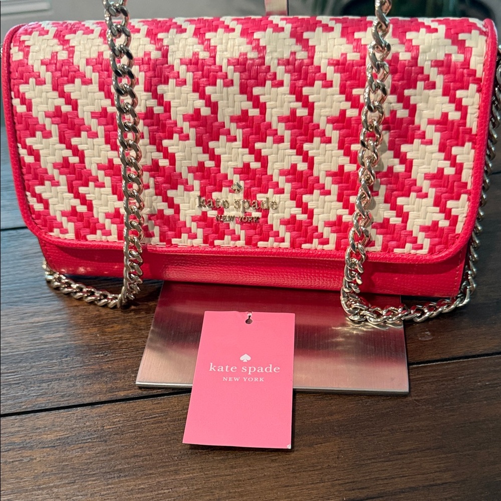 kate spade NWT $289 pink and cream woven crossbody clutch - Picture 6 of 13